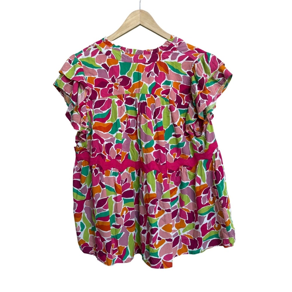 Umgee Boho Floral Babydoll Top Pink Multi Short Sleeve Ric Rac Trim Large - Picture 2 of 6